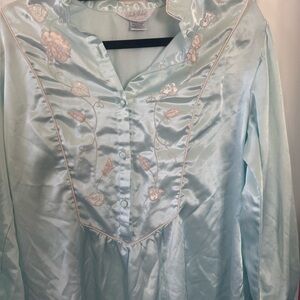 Satin Light Blue Nightgown with Floral Embroidery